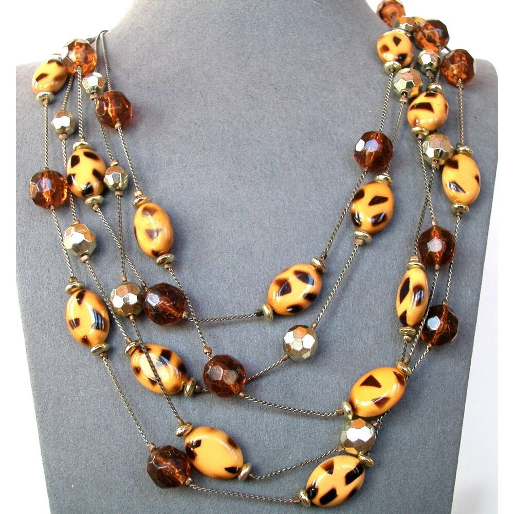 Four-Strand Necklace Leopard Spot Acrylic Beads & Amber Accents 19"